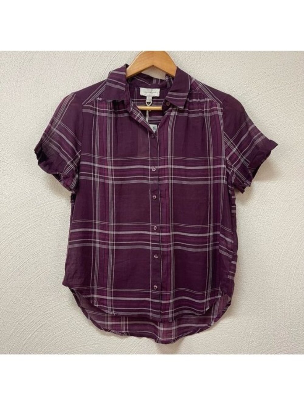 NWT Lucky Braden’s Maroon Plaid Sheer Button Down Short Sleeve Sz S/P